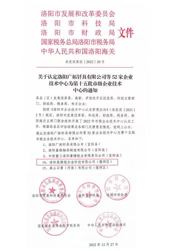 洛陽晟雅公司申報的市級企業(yè)技術(shù)中心通過認(rèn)定